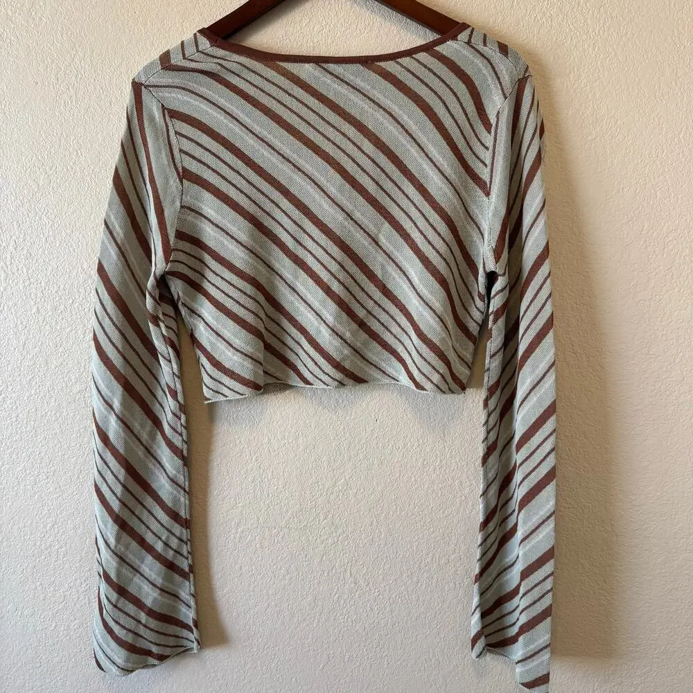 Zara Brown Cream Striped Cropped Long Sleeve Knit Top Size M